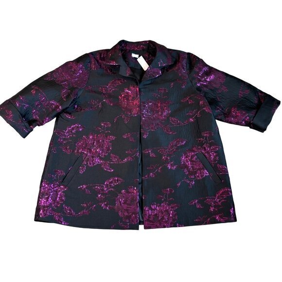 Chicos Jacket Size 4 Brocade Open Front Formal NWT‎ Metalic Floral Print Black - Picture 1 of 13